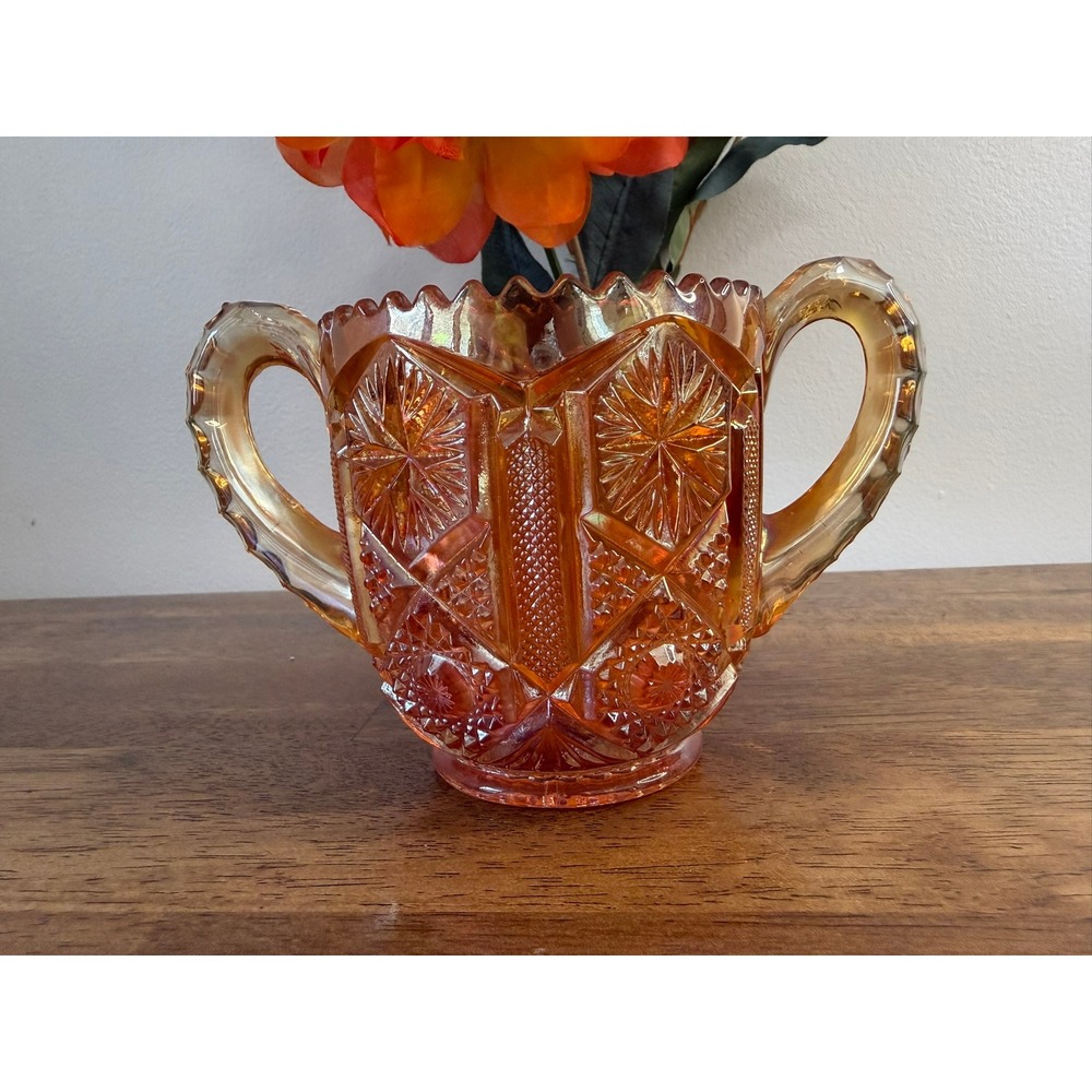 Vintage Imperial Star & File Marigold Carnival Glass Open Sugar Bowl Retro Fall